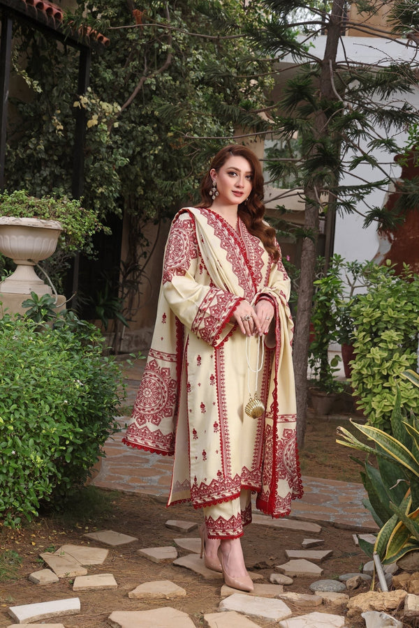 3PC DHANAK EMBROIDERED SHIRT WITH DHANAK EMBROIDERED SHAWL & TROUSER 672