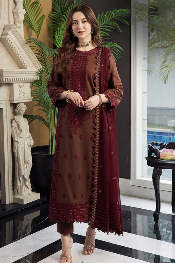 3PC LAWN EMBROIDERED SHIRT WITH CHIFFON EMBROIDERED DUPATTA AND TROUSER - AJ2556