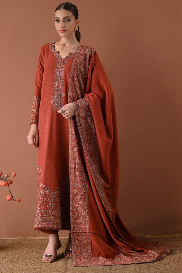 3PC DHANAK EMBROIDERED SHIRT WITH DHANAK EMBROIDERED SHAWL AND TROUSER- 679