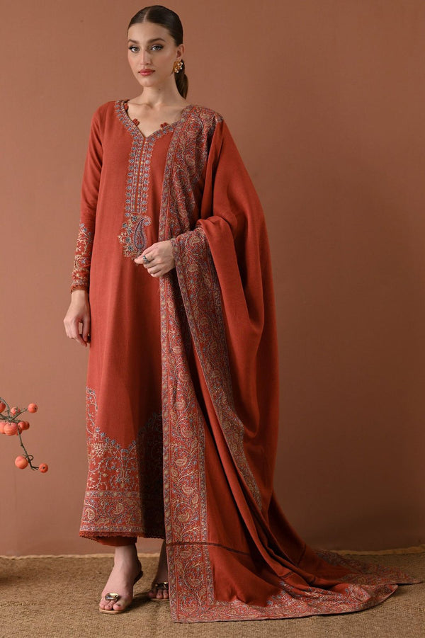 3PC DHANAK EMBROIDERED SHIRT WITH DHANAK EMBROIDERED SHAWL AND TROUSER- 679