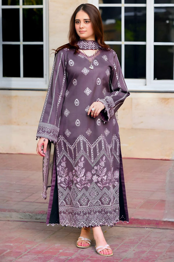 3PC DHANAK EMBROIDERED SHIRT WITH DHANAK EMBROIDERED SHAWL AND TROUSER - 681