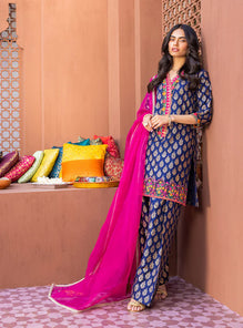 3 Pcs Digital Printed Lawn Shirt Trouser and Dupatta with Embroidered Patches C-505