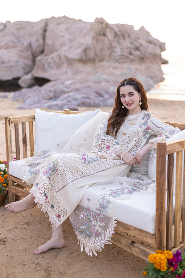 WHITE 3PC LAWN EMBROIDERED SHIRT WITH ORGANZA CUTWORK EMBROIDERED DUPATTA AND TROUSER - 455