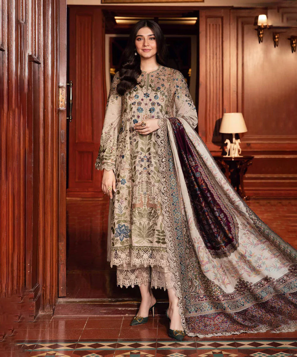 Dhanak-3PC Unstitch Embroidered Shirt with Digital Printed Wool Shawl -669