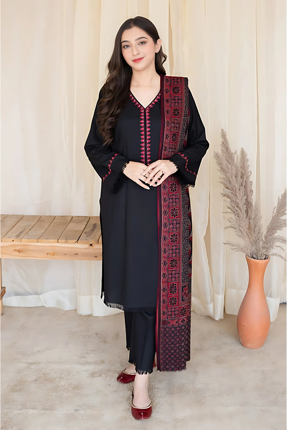3 Piece Dhanak Shirt with Printed Wool Shawl MB-835