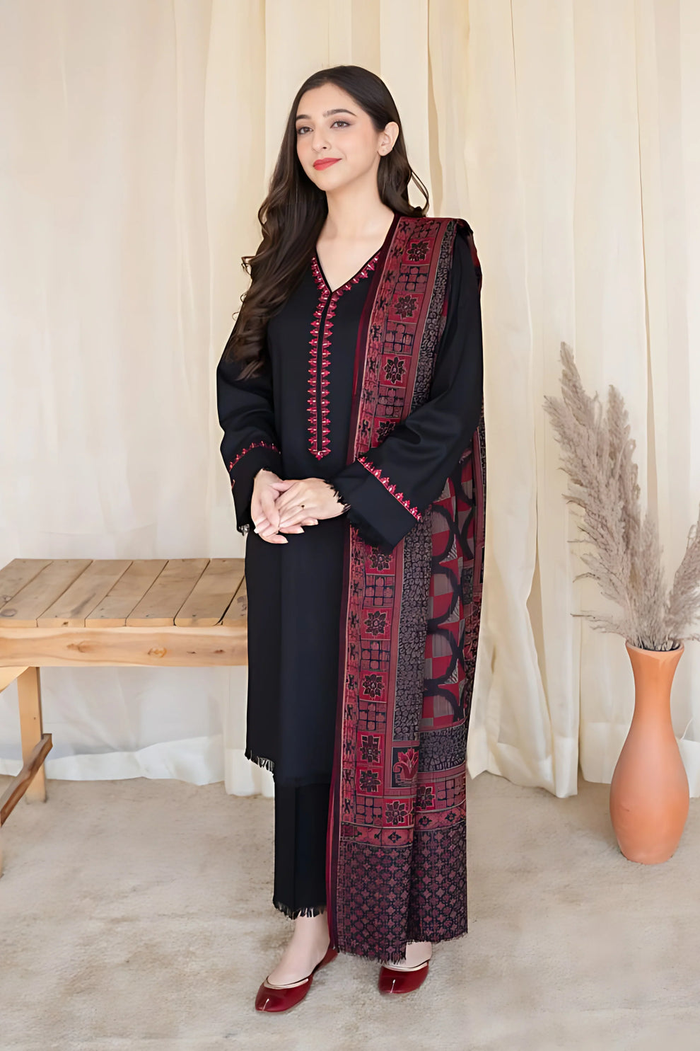 3 Piece Dhanak Shirt with Printed Wool Shawl MB-835