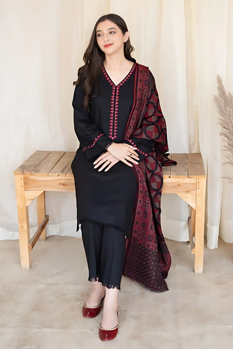 3 Piece Dhanak Shirt with Printed Wool Shawl MB-835