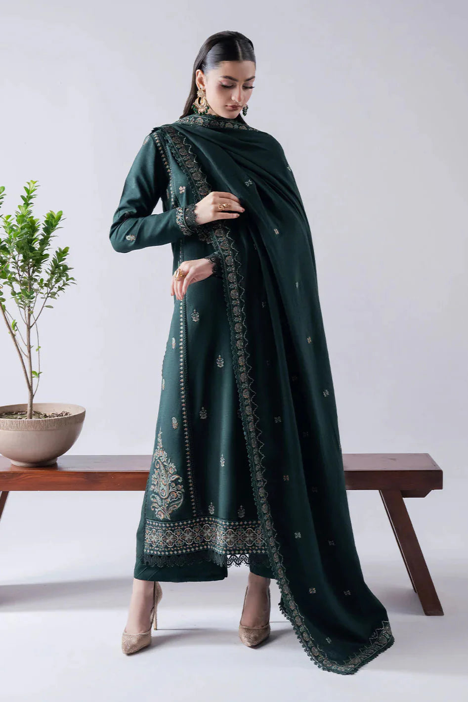 ASIM JOFA-3PC UNSTITCH DHANAK EMBROIDERED SHIRT WITH EMBROIDERED SHAWL & TROUSER-BIC- 670