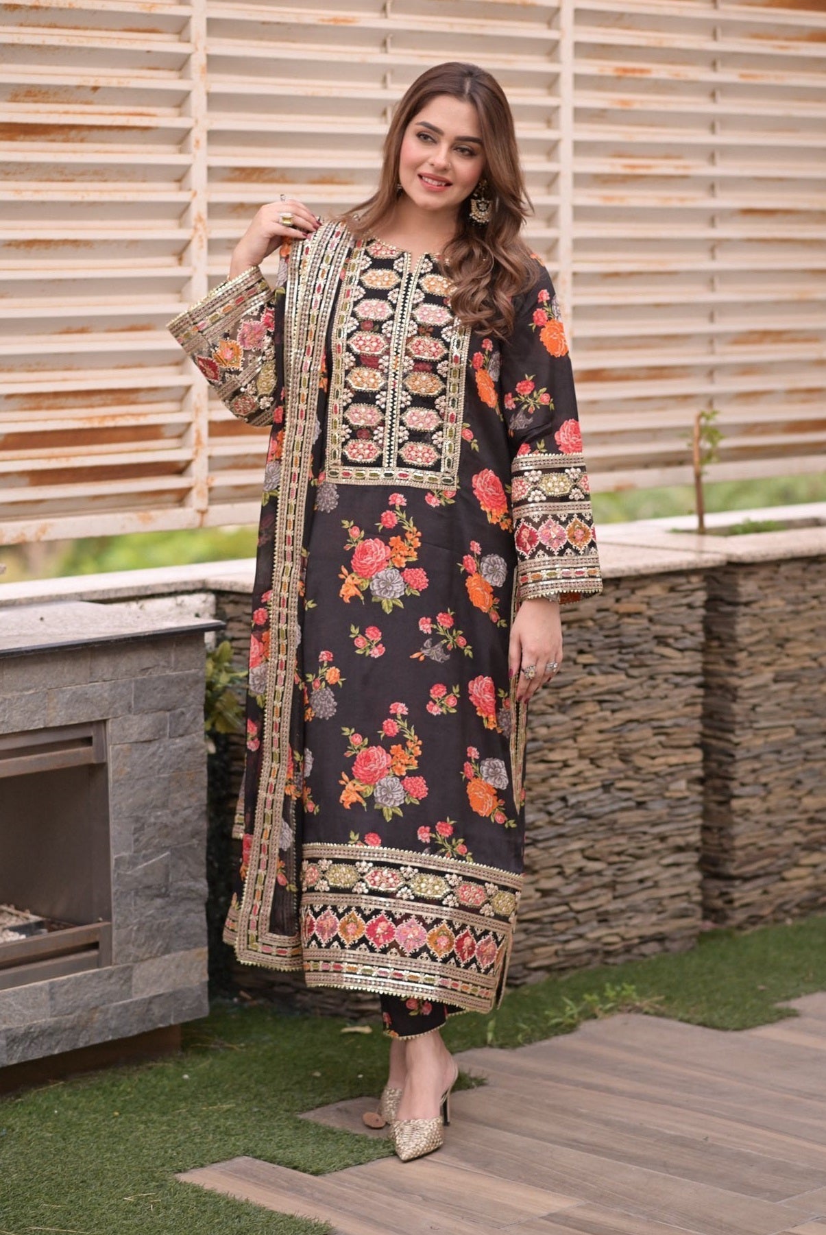 Aneelas Luxury Silk-3PC Unstitched Black 263