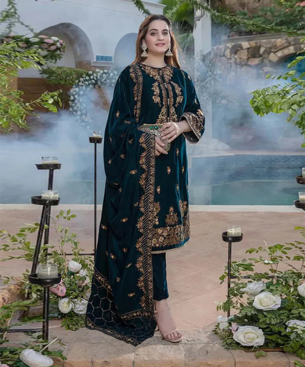 AZURE VELVET Unstitch 3PC EMBROIDERED WITH VELVET EMBROIDERED DUPATTA- 265