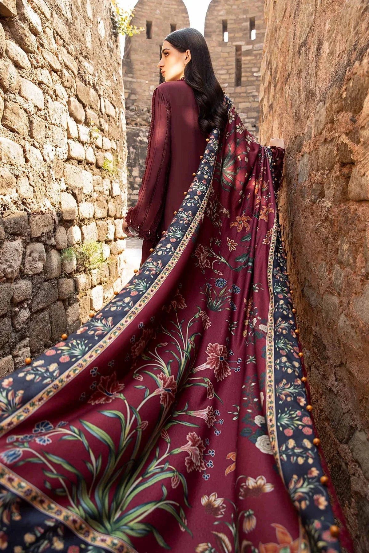 MARIA B - 3PC UNSTITCH DHANAK EMBROIDERED SHIRT WITH TWILL PRINTED SHAWL  - 213