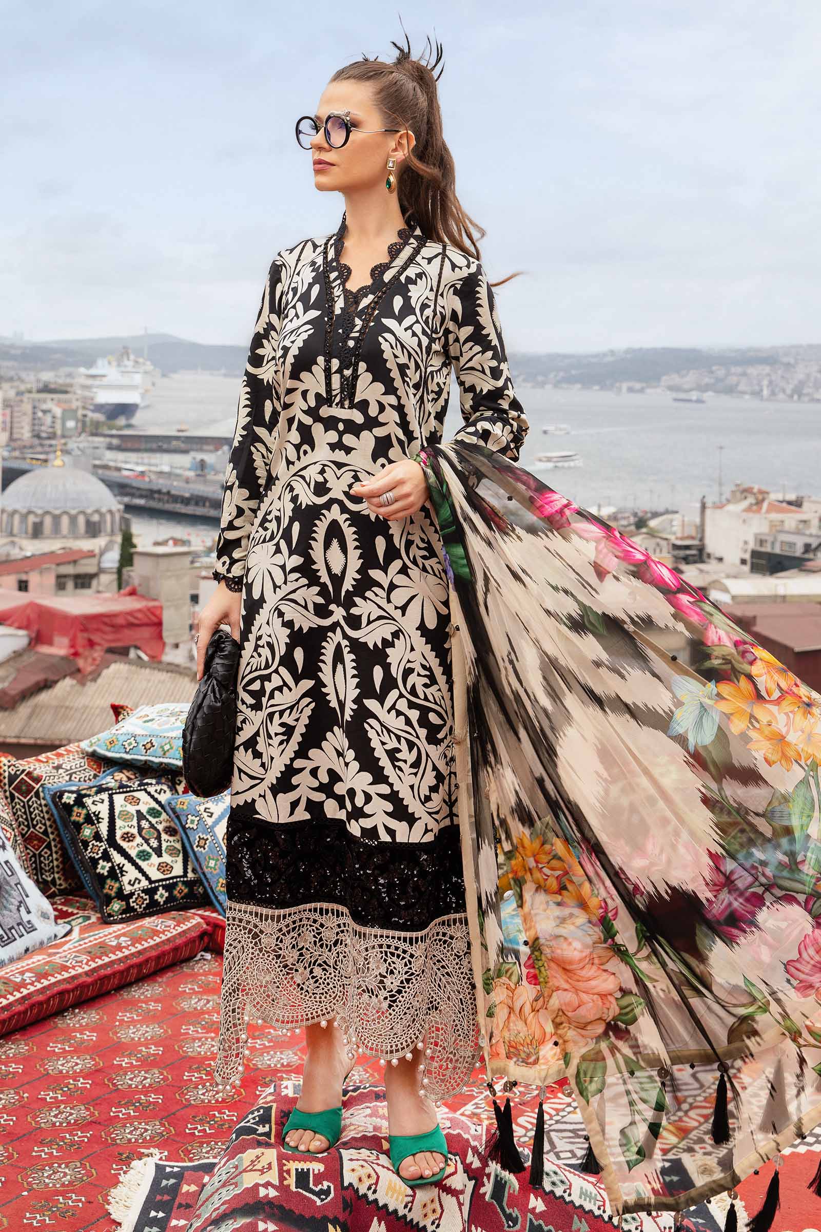 3 Pcs Digital Printed Lawn Shirt Trouser and Dupatta with Embroidered Patches MB 431