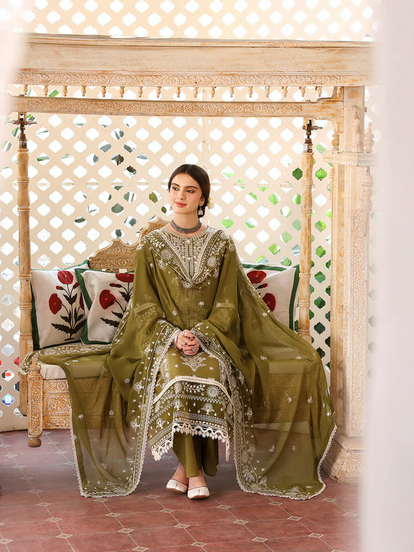 '- 3PC DHANAK EMBROIDERED SHIRT WITH DHANAK EMBROIDERED SHAWL AND TROUSER - MR 590