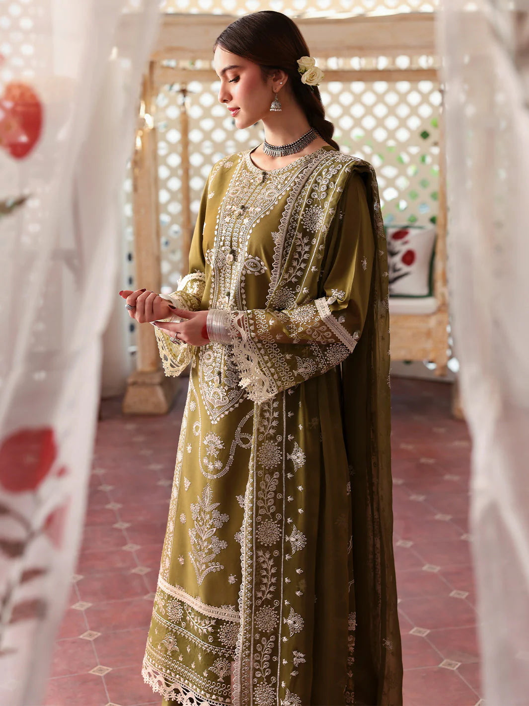 MAHNUR - 3PC DHANAK EMBROIDERED SHIRT WITH DHANAK EMBROIDERED SHAWL AND TROUSER - MR 590