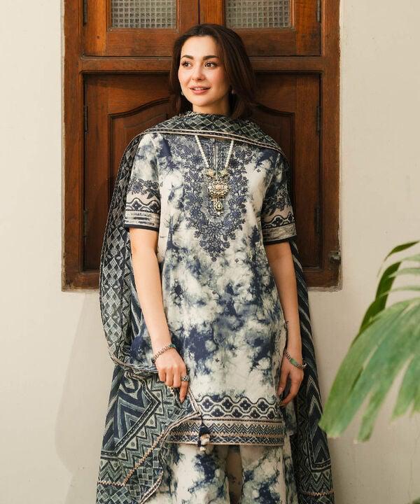 3PC-Printed Lawn Shirt With Voile Printed Chiffon Dupatta-1542