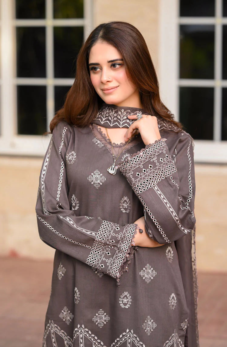 LIBAAS - 3PC DHANAK EMBROIDERED SHIRT WITH DHANAK EMBROIDERED SHAWL AND TROUSER - 681