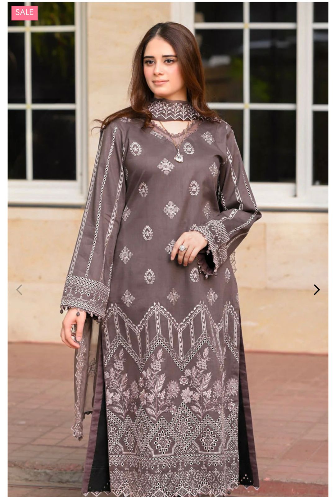 LIBAAS - 3PC DHANAK EMBROIDERED SHIRT WITH DHANAK EMBROIDERED SHAWL AND TROUSER - 681