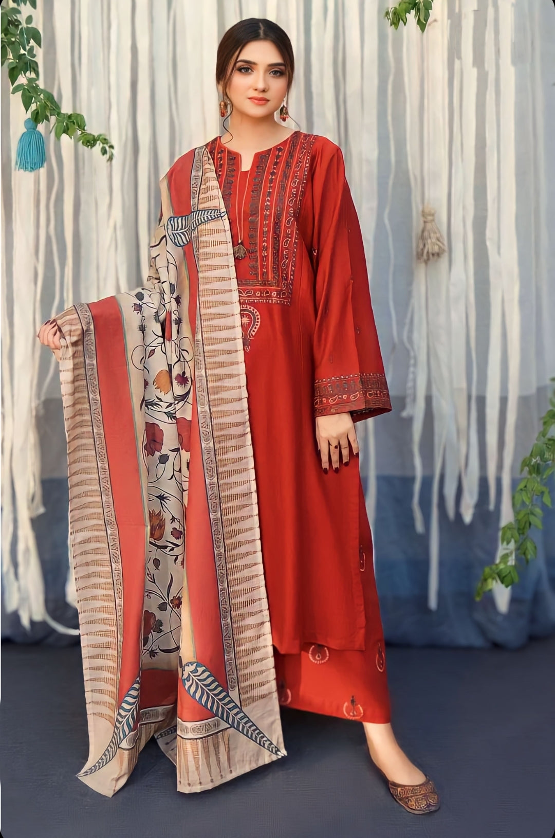 3 Piece Embroidered Dhanak Shirt with Printed wool shawl BR-845