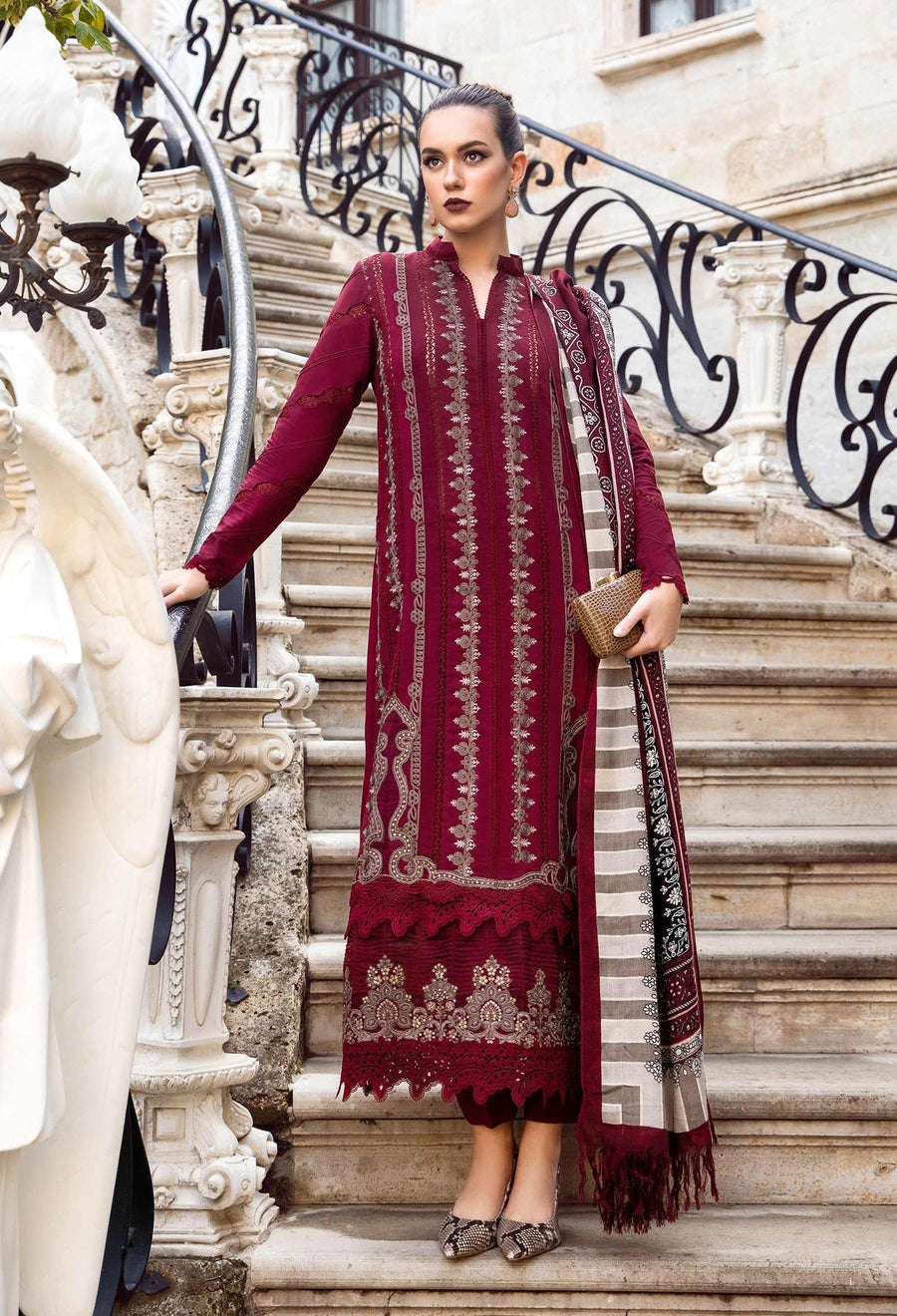 3 Piece Embroidered Dhanak Shirt with Printed Wool Shawl MB-48