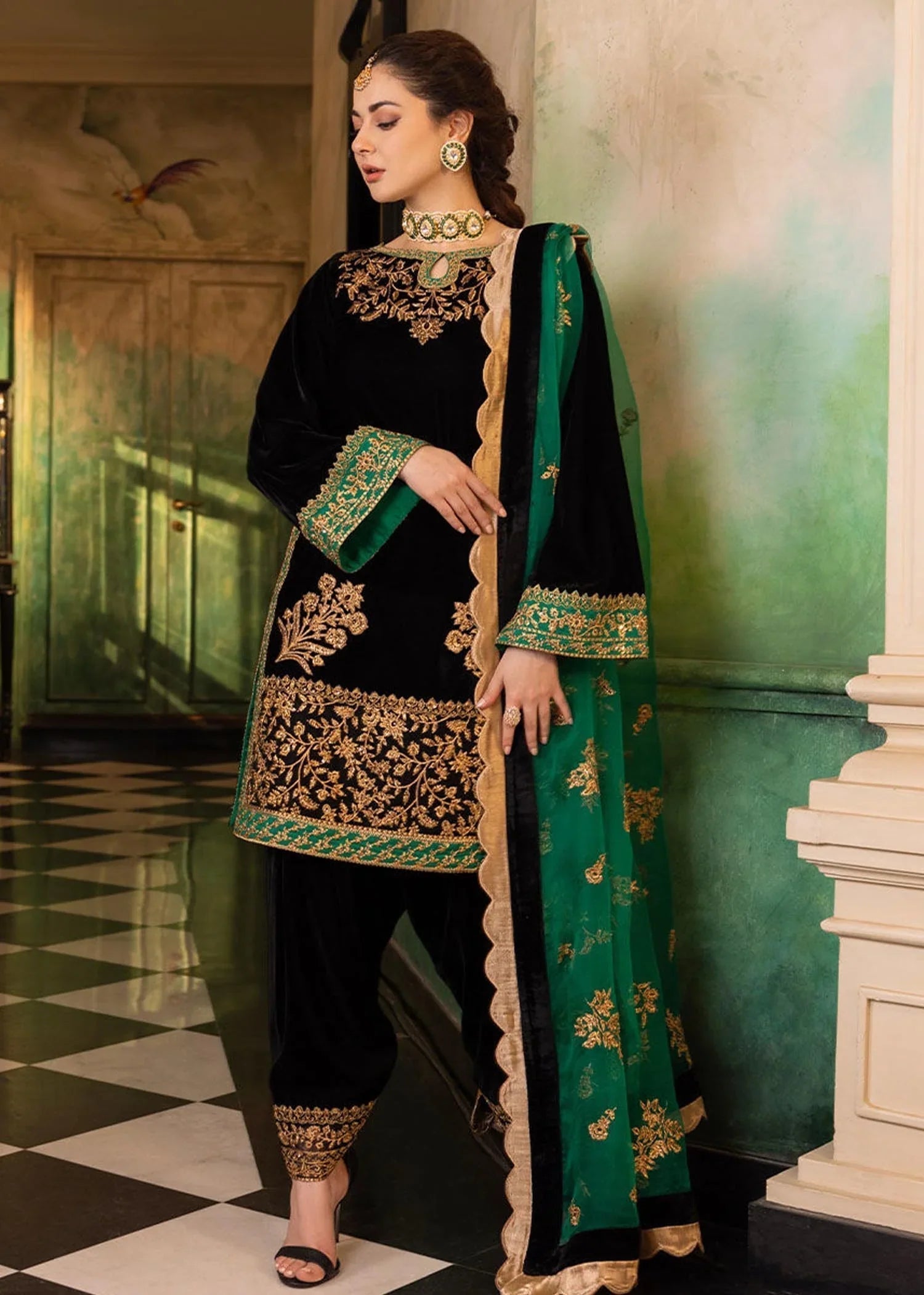 3-PC Embroidered Velevt Shirt and Trouser with Embroidered Organza Dupatta JZ-953
