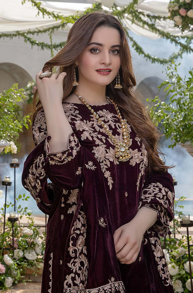 3 Piece Embroidered Velvet Shirt and Shawl with Silk trouser MB-1065