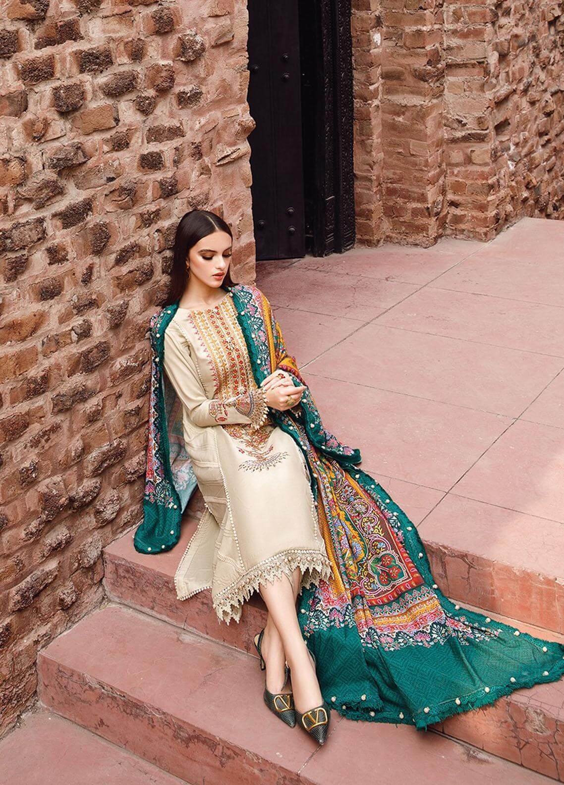 3 Piece Embroidered Dhanak Shirt with Printed Wool Shawl RM-670