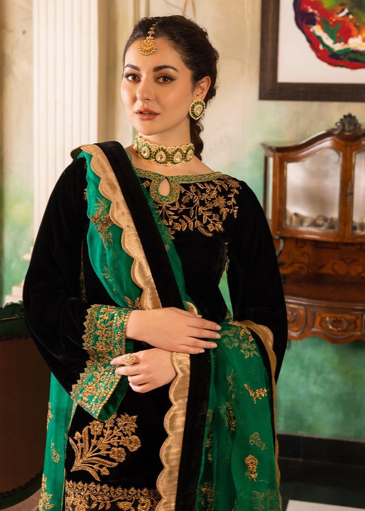 3-PC Embroidered Velevt Shirt and Trouser with Embroidered Organza Dupatta JZ-953