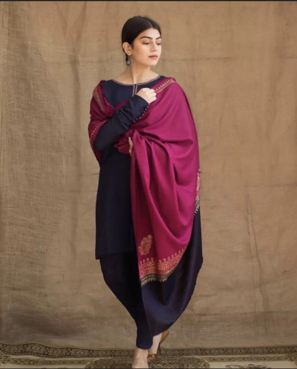 3 Piece Dhanak Shirt with Printed Wool Shawl AG-1115