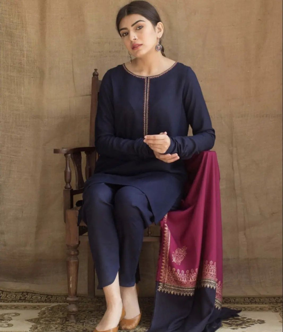 3 Piece Dhanak Shirt with Printed Wool Shawl AG-1115