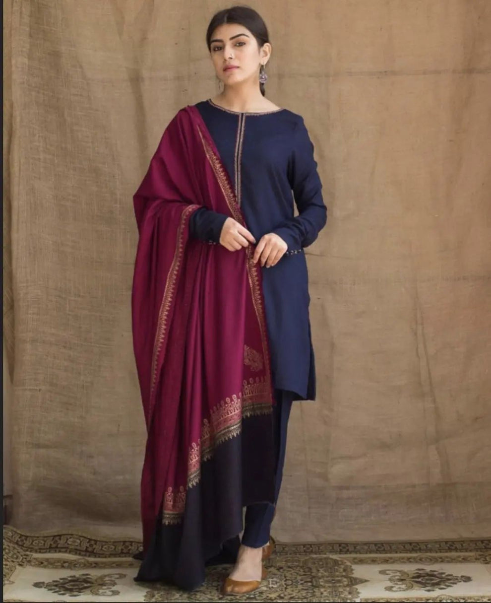 3 Piece Dhanak Shirt with Printed Wool Shawl AG-1115
