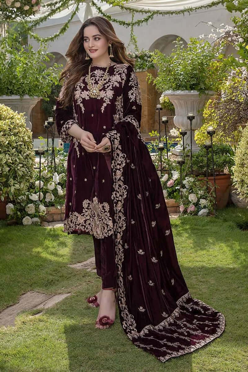 3 Piece Embroidered Velvet Shirt and Shawl with Silk trouser MB-1065