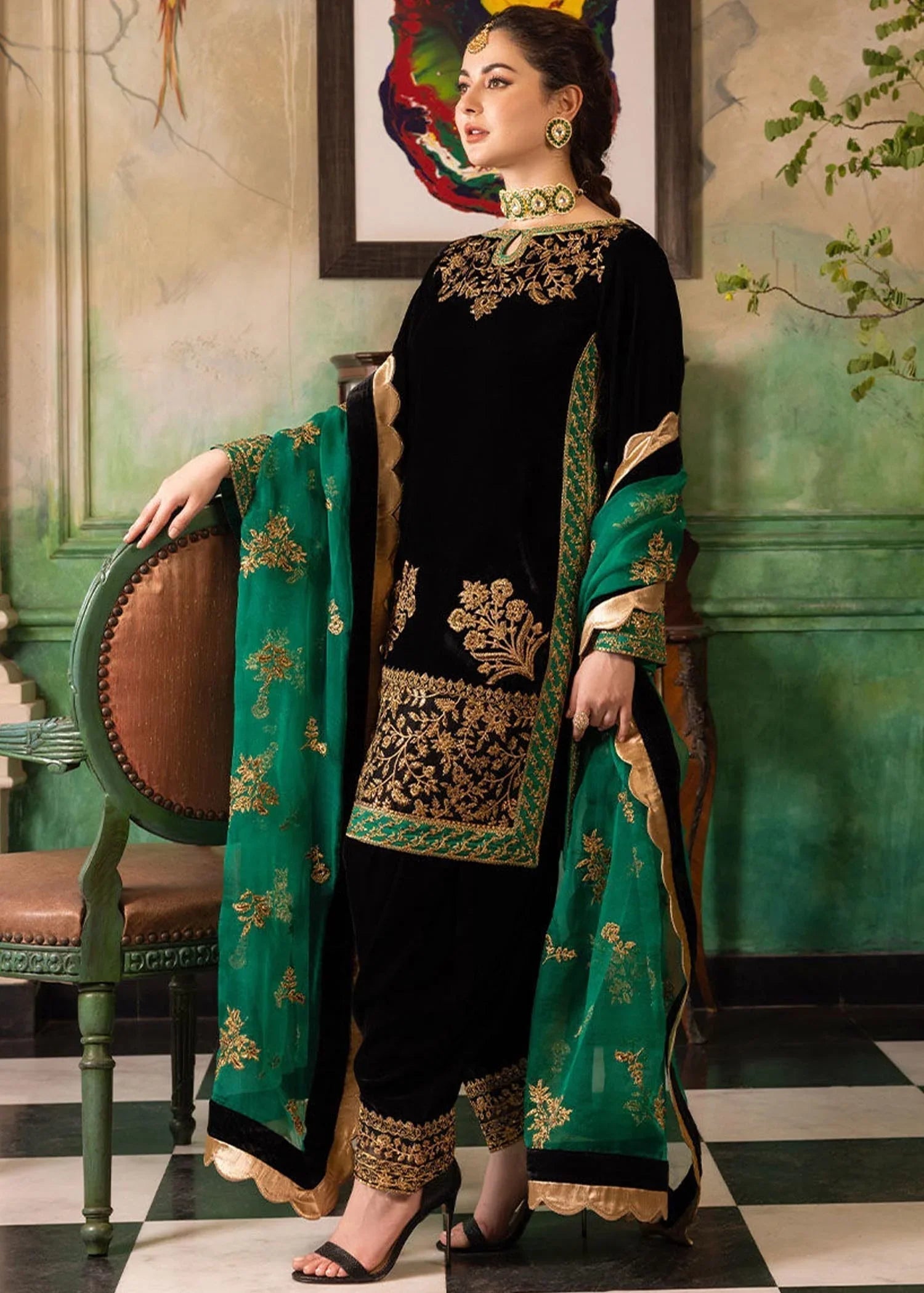 3-PC Embroidered Velevt Shirt and Trouser with Embroidered Organza Dupatta JZ-953